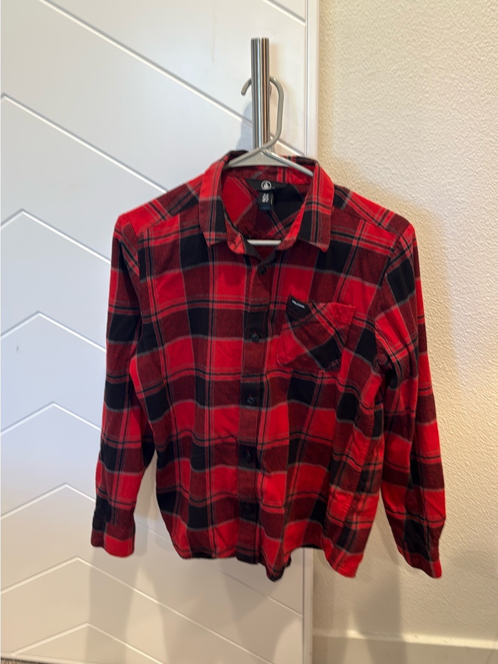 Volcom Boys Red and Black Plaid Flannel Shirt - Casual Button-Up